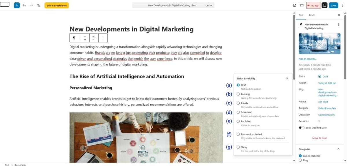 Blog Status and Visibility