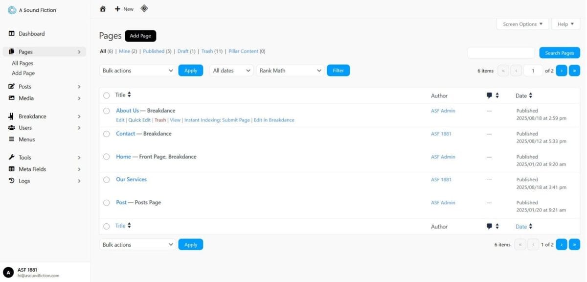 Pages Panel Sections