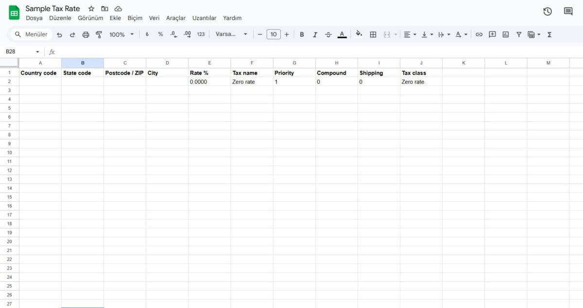 Section 11 WooCommerce Example format for the import file Tax