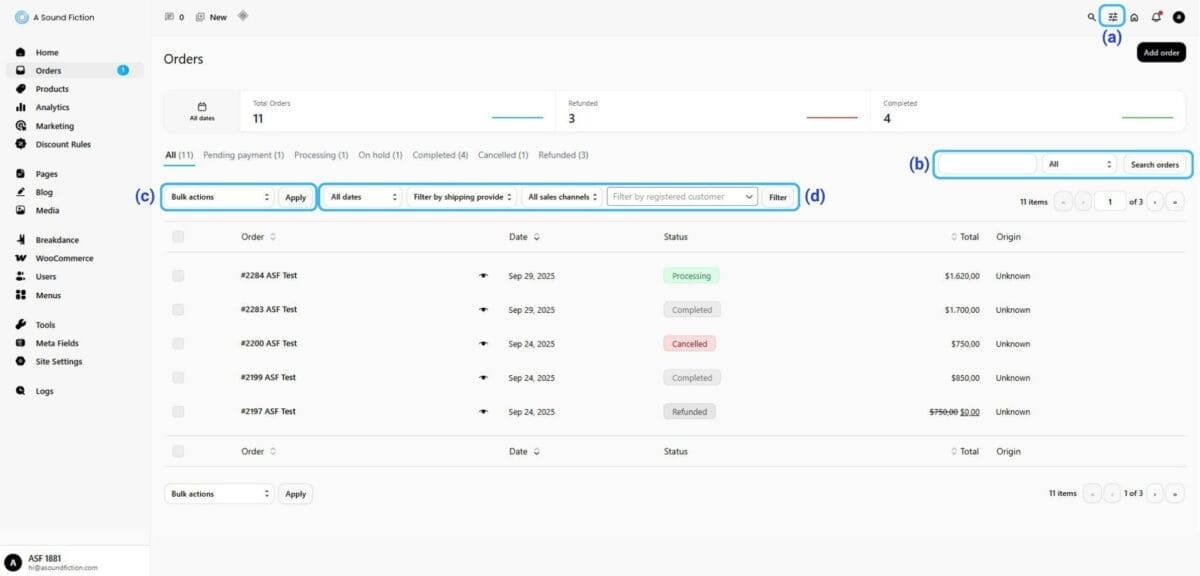 Section 2 Orders Actions available on the list 1