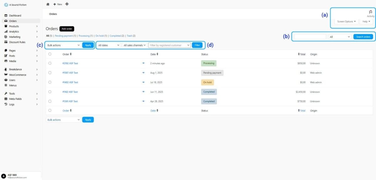 Section 2 Orders Actions available on the list