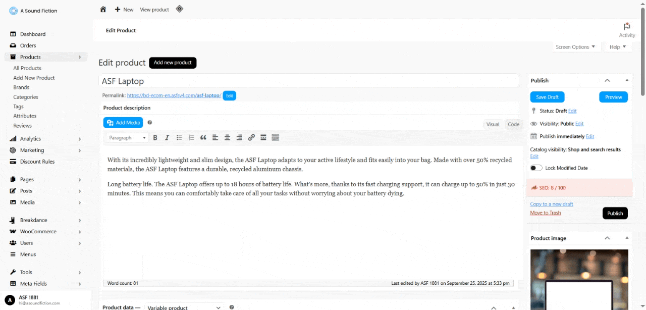 Section 3 Products Save Draft and Preview Variable Product