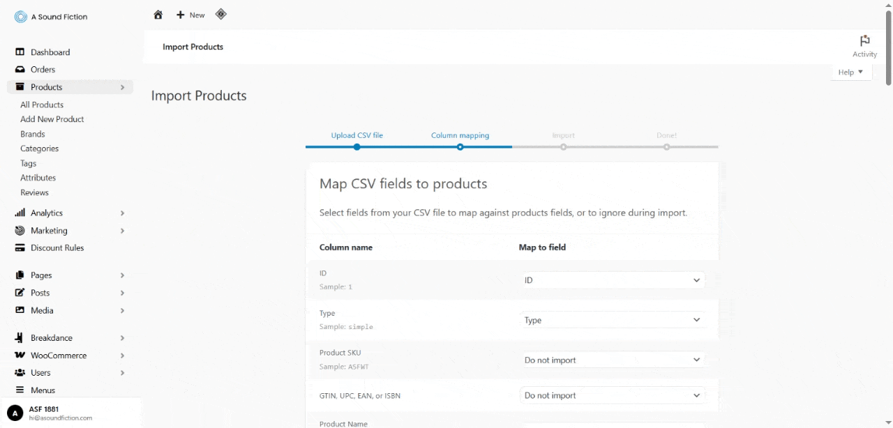 Section 3 Products import product Check the Column Mapping Screen