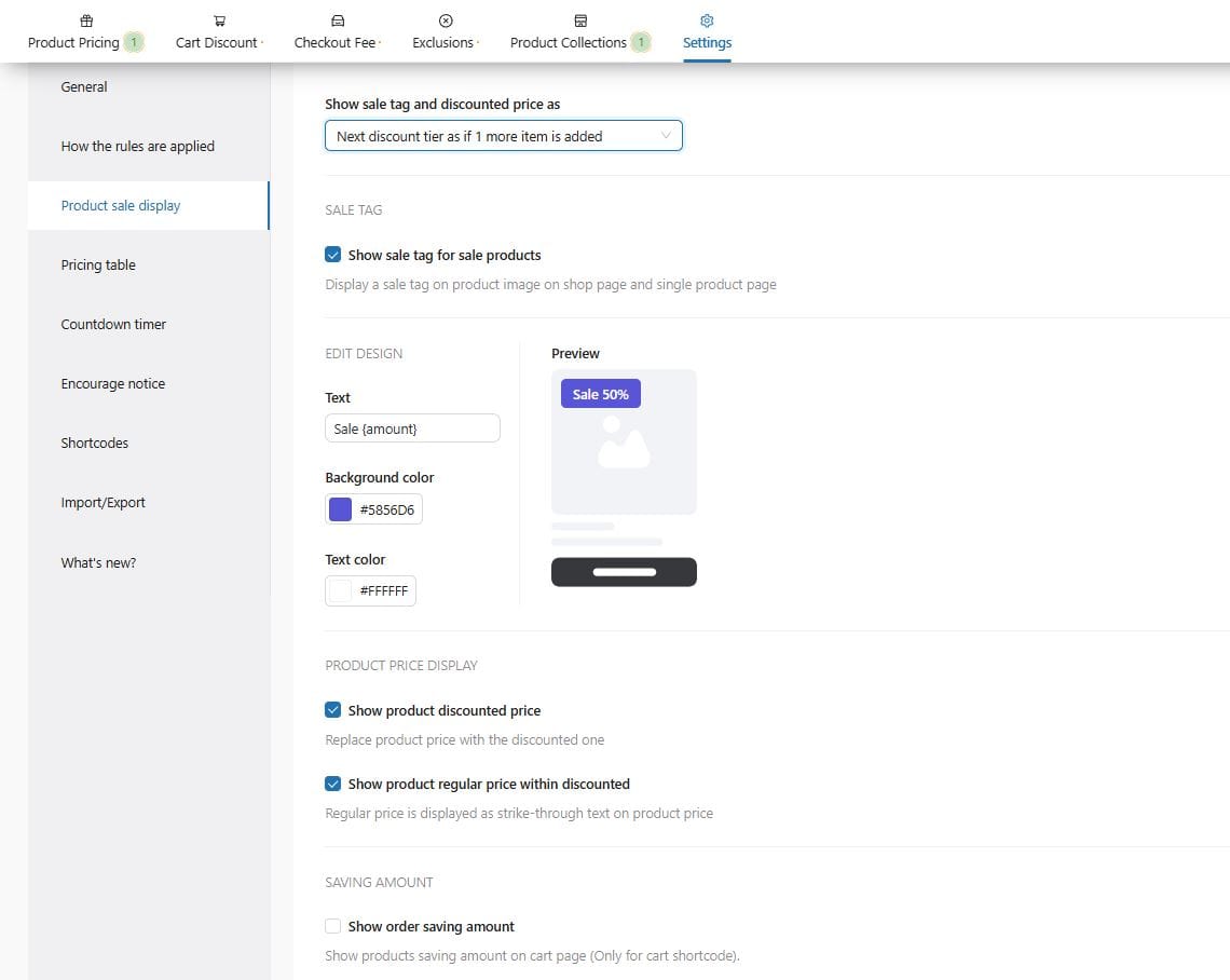 Section 6 Discount Rules Settings Product sale display
