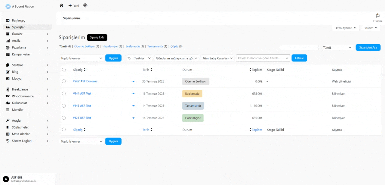 Siparisler Yeni siparis olusturma